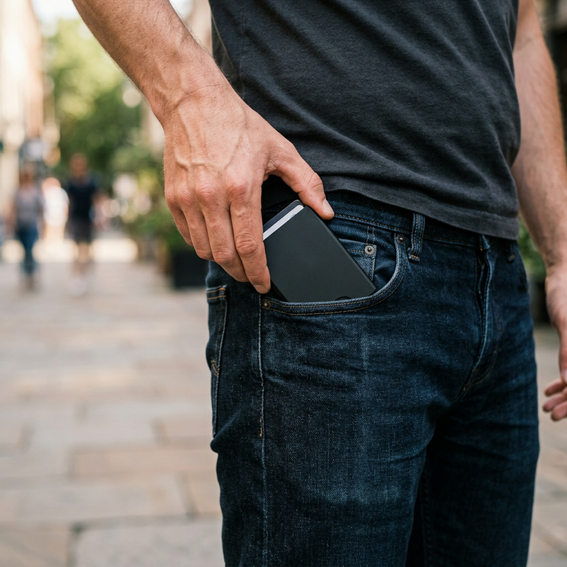 WardenCarry wallet slim profile in a front jeans pocket