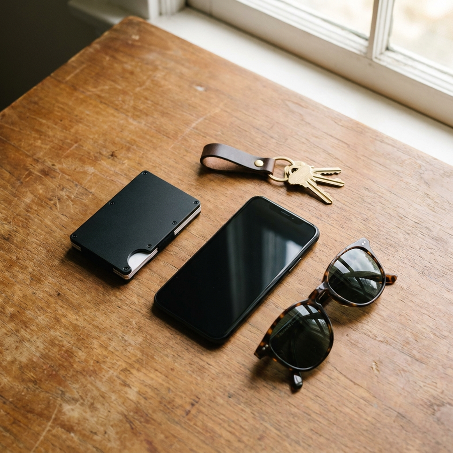 WardenCarry wallet everyday carry flatlay with keys, phone and sunglasses