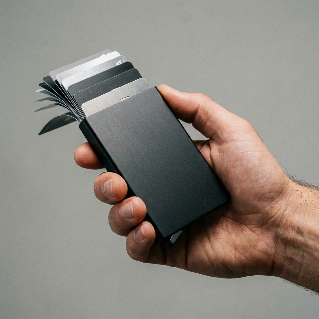 WardenCarry Pop-Up Wallet — trigger mechanism firing, cards fanned out